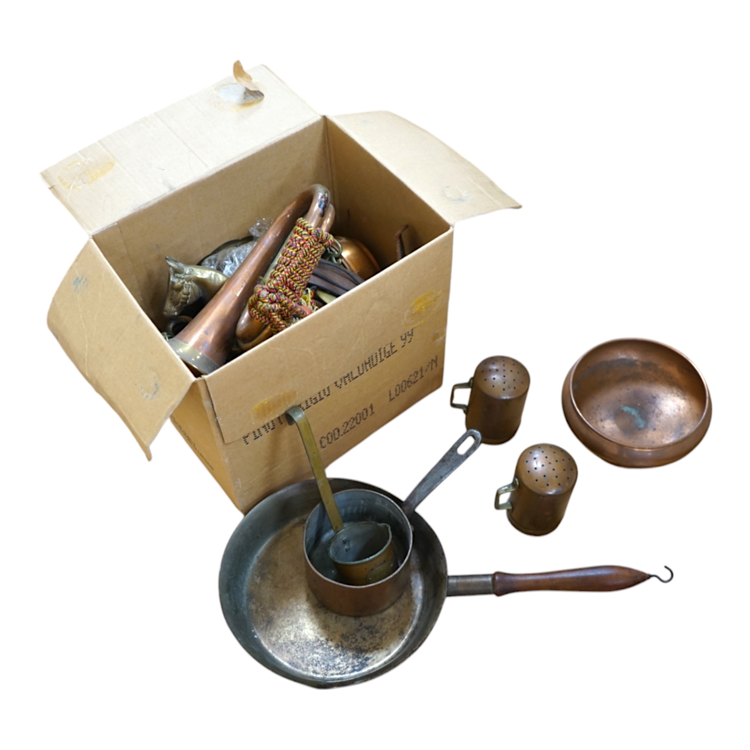 A quantity of Victorian and later copper and metalware to include horse brasses and a bugle. Condition - varies